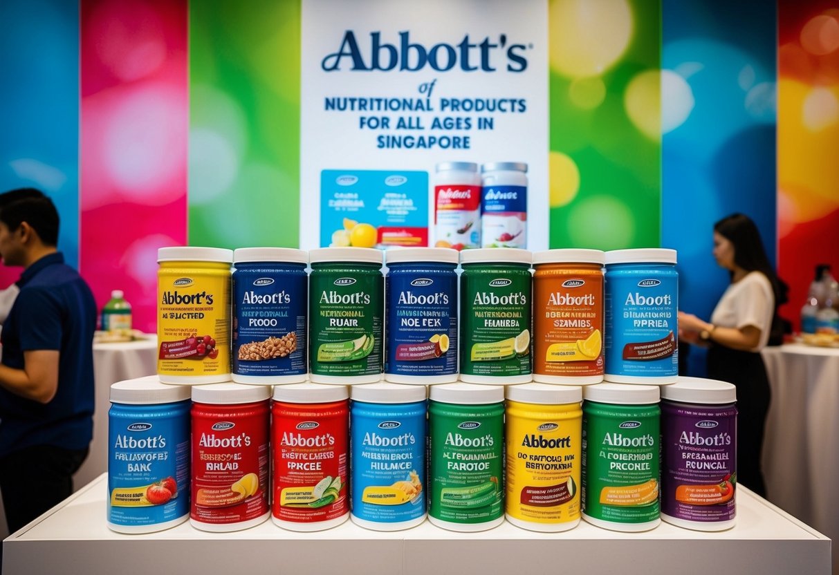 A colorful display of Abbott's nutritional products for all ages at a promotional event in Singapore
