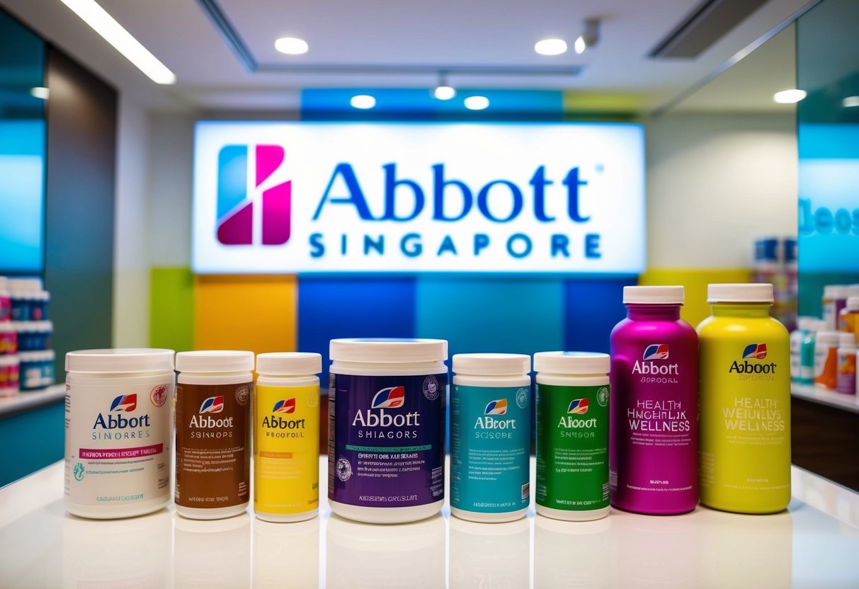 A colorful display of health and wellness products with the Abbott Singapore logo prominently featured