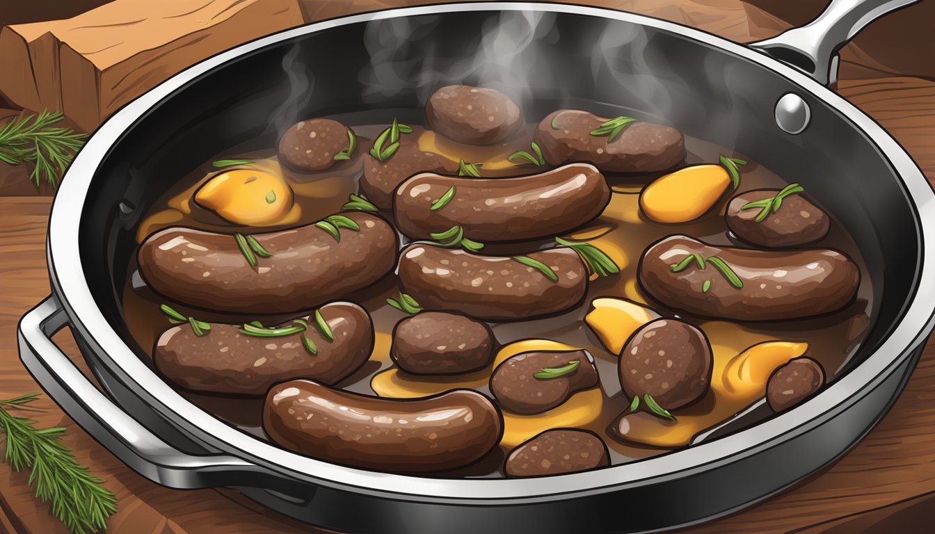 A plate of reheated venison sausage sizzling on a hot skillet