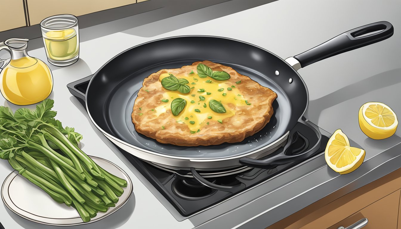 A plate of veal francese being reheated in a skillet on a stovetop