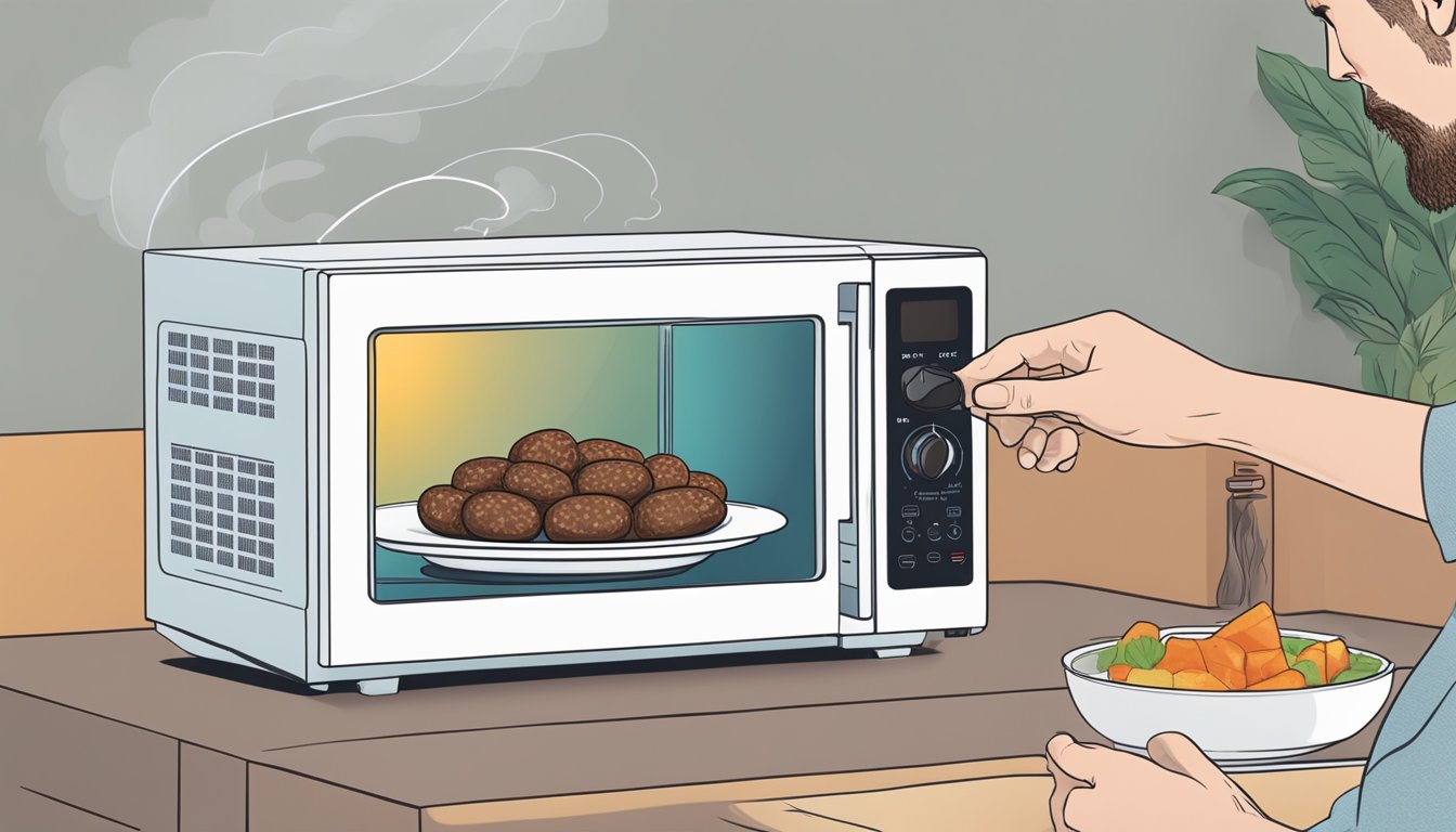 A person using a microwave to reheat venison sausage, with steam rising from the plate