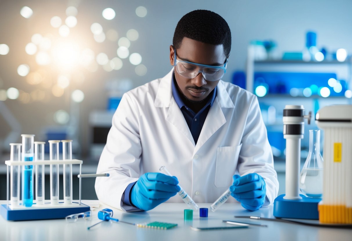 A scientist in a lab coat examines test tubes and equipment, surrounded by cutting-edge technology and research materials