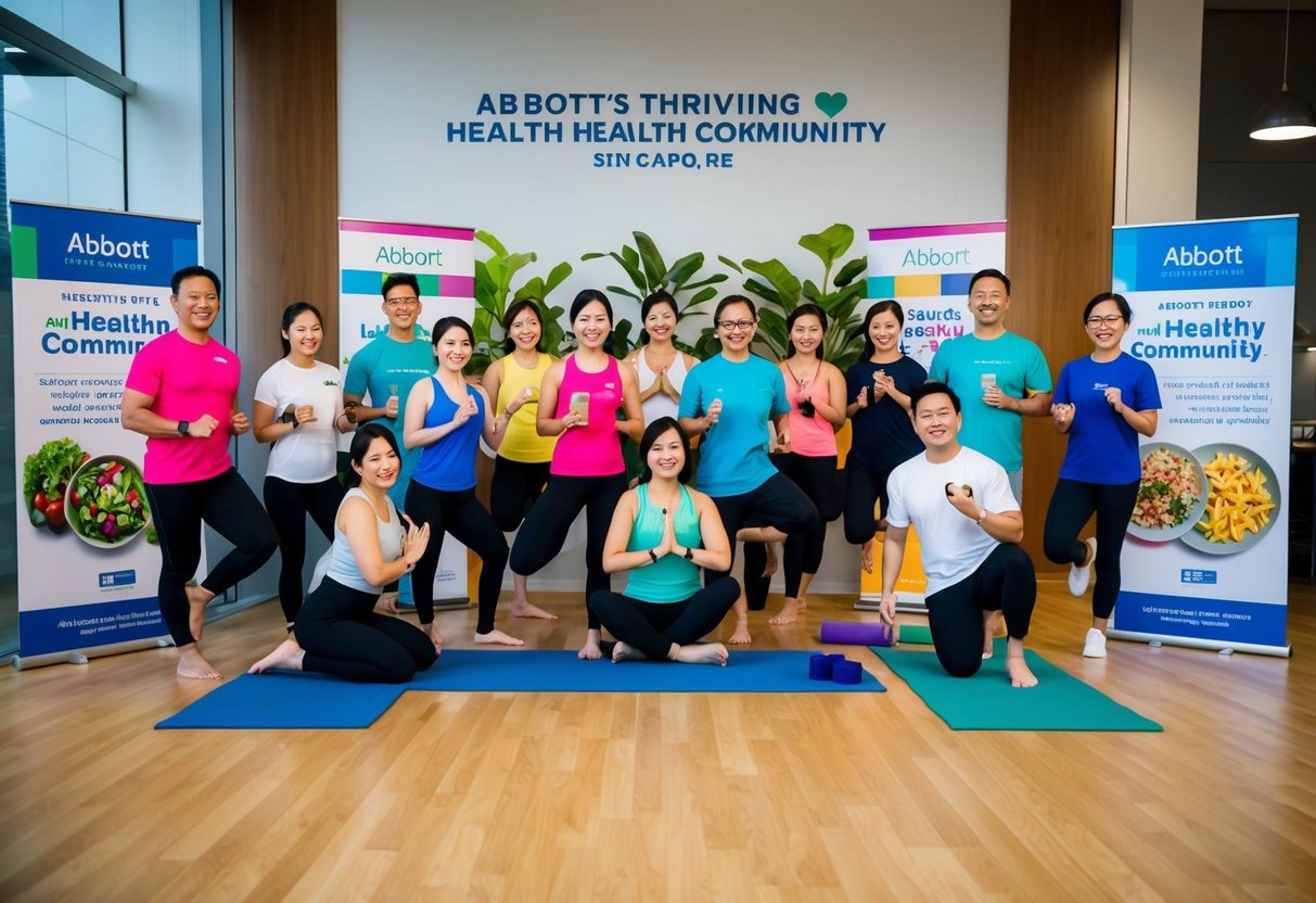 A diverse group of people engaging in various health and wellness activities, such as yoga, jogging, and healthy cooking, surrounded by vibrant promotional materials for Abbott's Thriving Health Community in Singapore