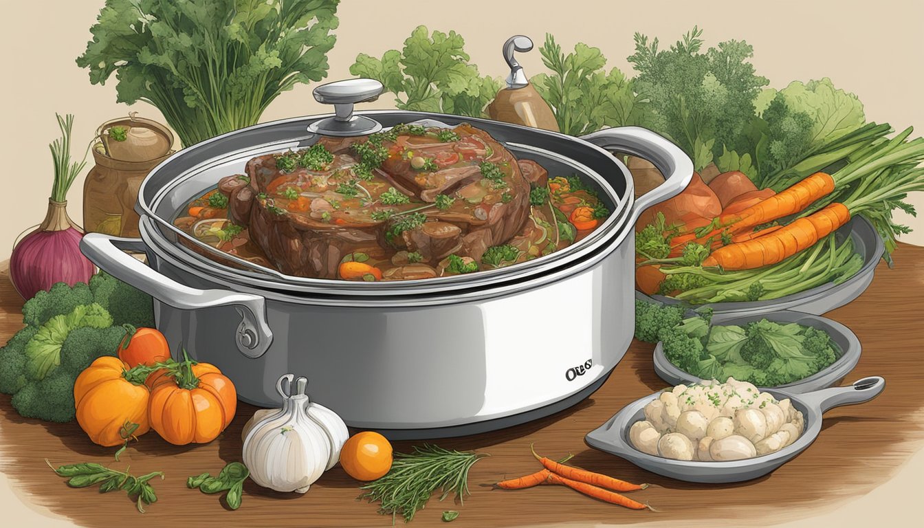 A steaming pot of osso buco sits on a stovetop, surrounded by aromatic herbs and vegetables. Steam rises from the tender veal shanks as they simmer in a rich, savory sauce