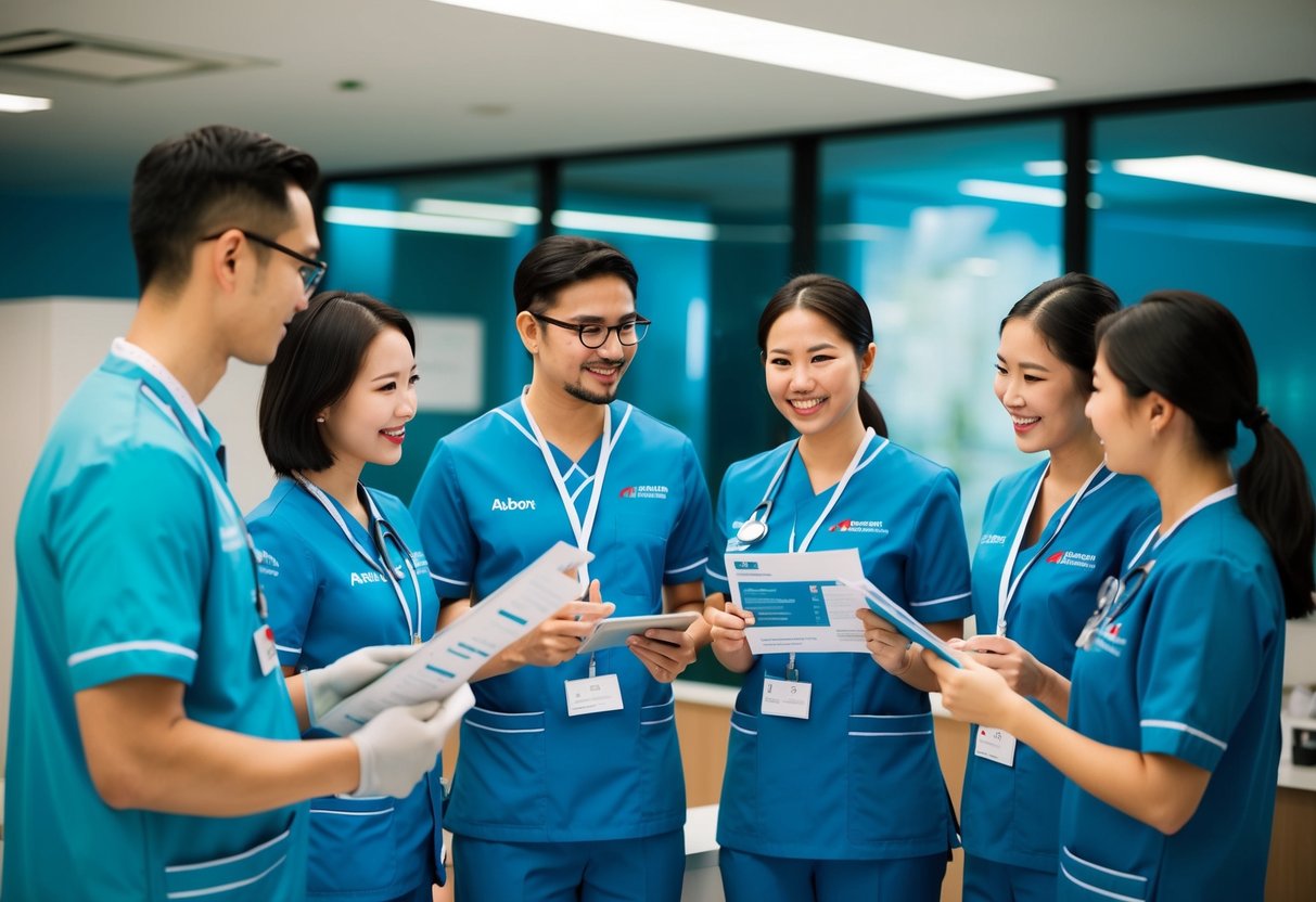 A group of healthcare professionals in Abbott-branded uniforms discussing promotional materials in a Singapore clinic setting
