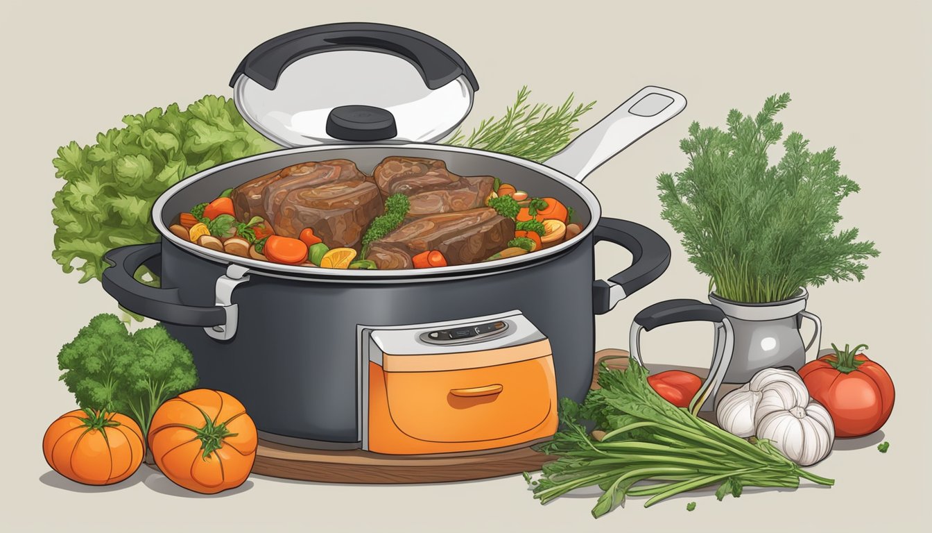 A steaming pot of osso buco on a stovetop, with aromatic herbs and vegetables, surrounded by the key ingredients for the dish