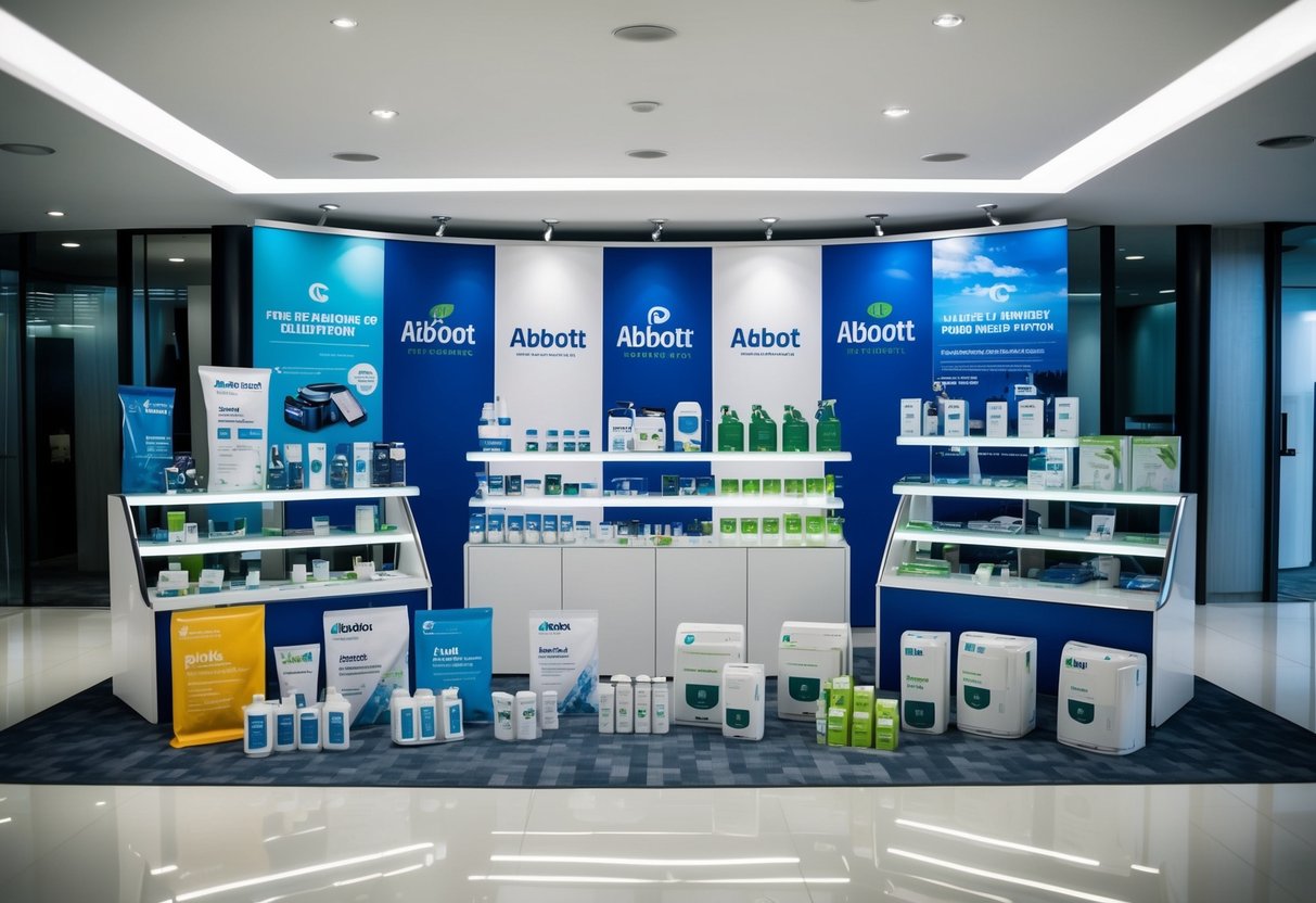 A diverse array of Abbott products displayed in a modern, well-lit showroom with promotional banners and signage