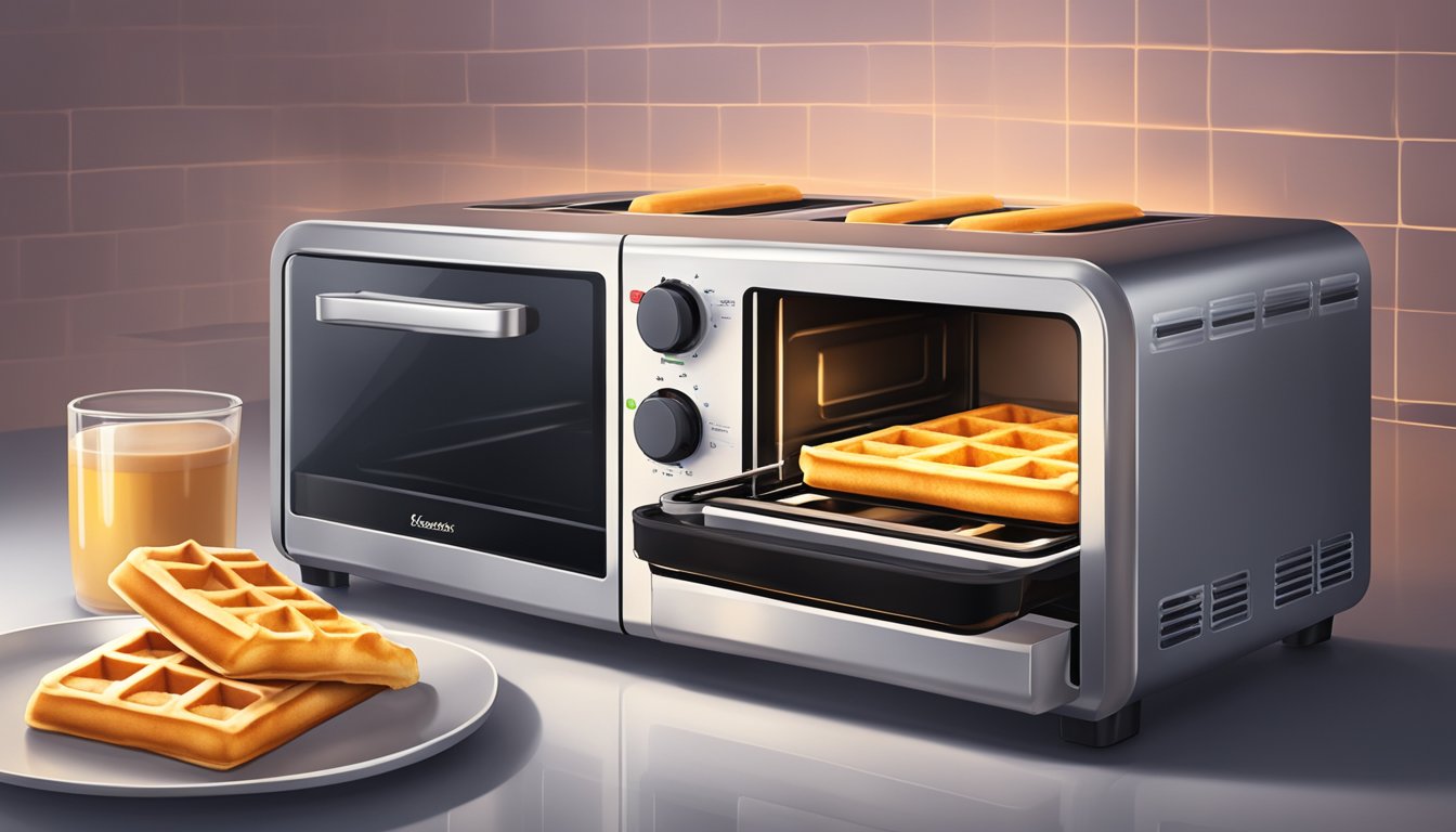 A toaster oven set to a low temperature with a tray of waffles inside, emitting a warm glow as the waffles slowly heat up, maintaining their crisp texture