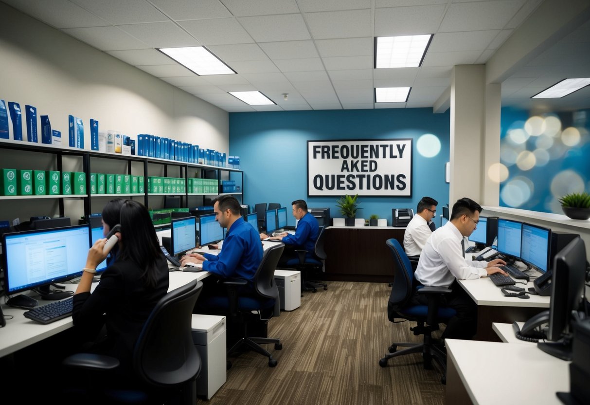 A busy office with employees answering phones and typing on computers. Shelves of promotional products line the walls, and a large "Frequently Asked Questions" sign hangs above the reception area
