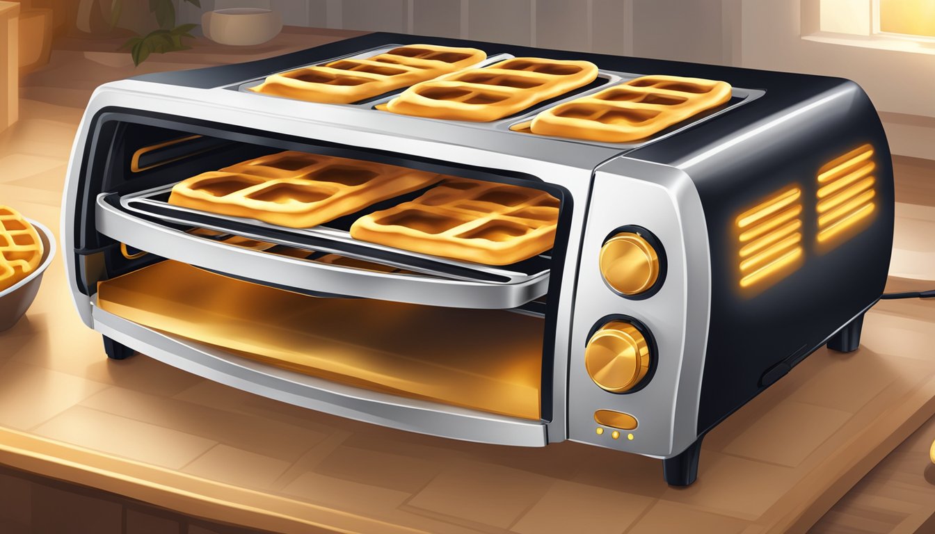 A toaster oven with golden waffles inside, emitting a warm glow