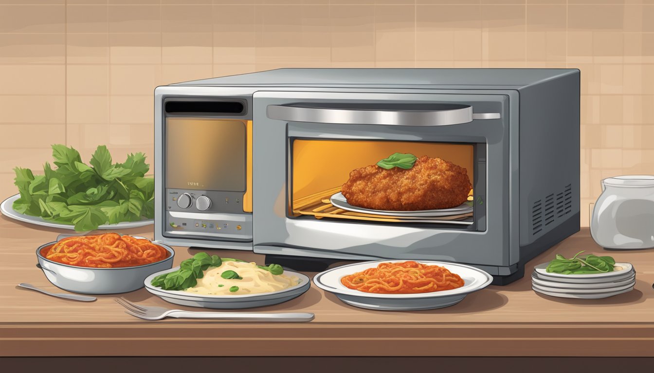 A microwave and oven next to a plate of veal parmesan