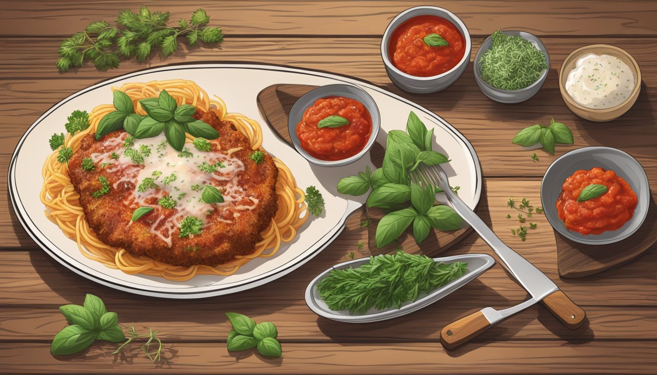 A steaming plate of veal parmesan, surrounded by fresh herbs and a drizzle of marinara sauce, sits on a rustic wooden table