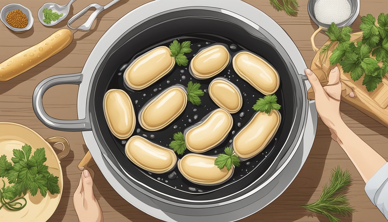 Weisswurst being placed in a pot of simmering water