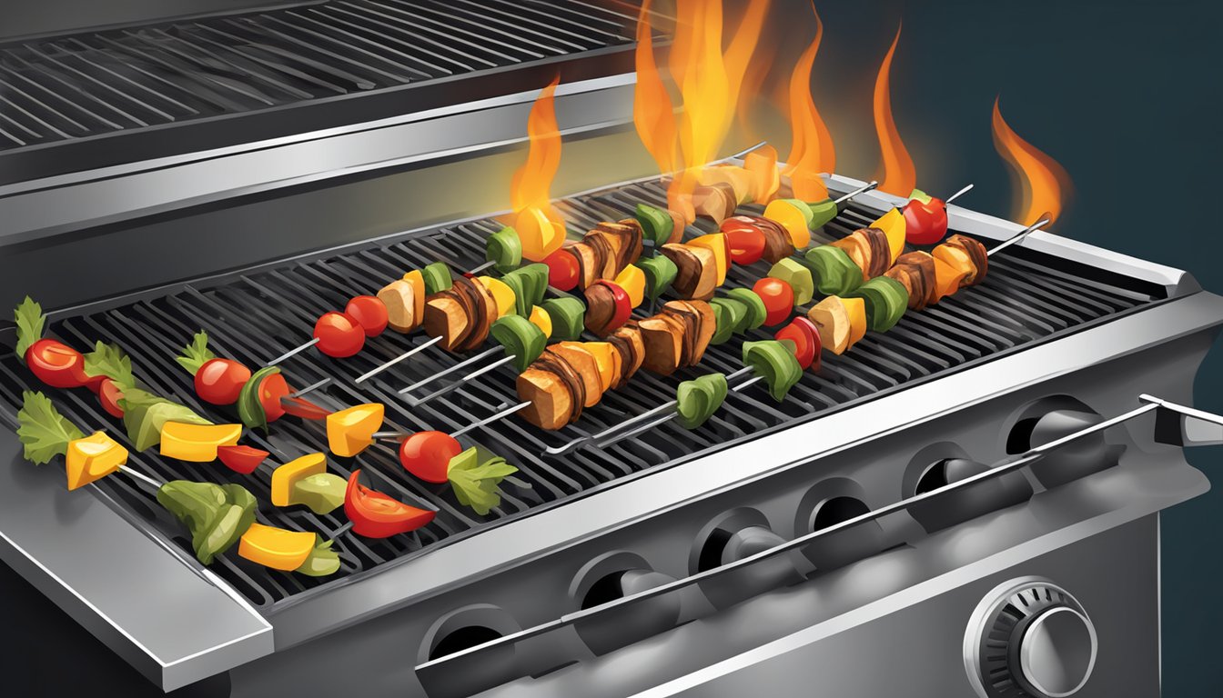 A grill with sizzling vegetable kabobs being reheated over the flames