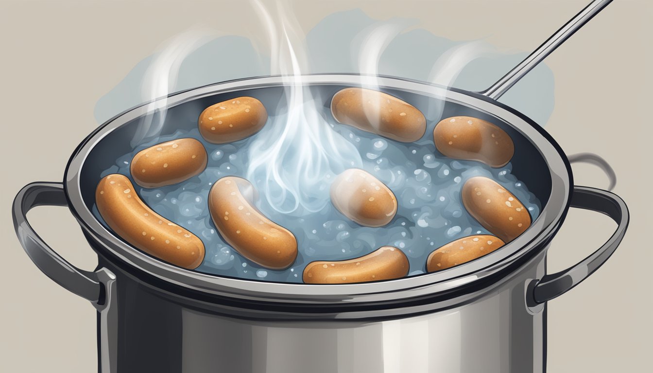 A steaming pot of water with weisswurst sausages simmering inside