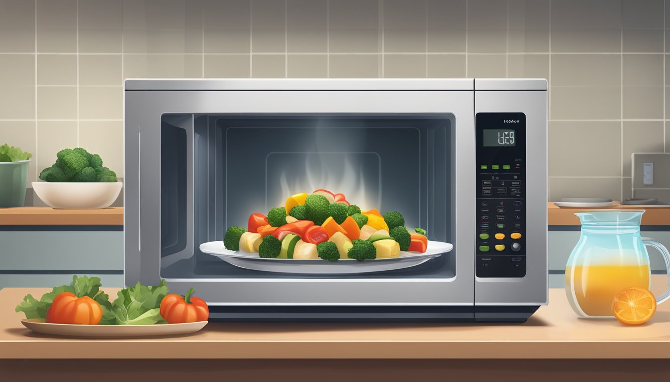 A microwave with a plate of vegetable kabobs inside, steam rising from the food as it heats up