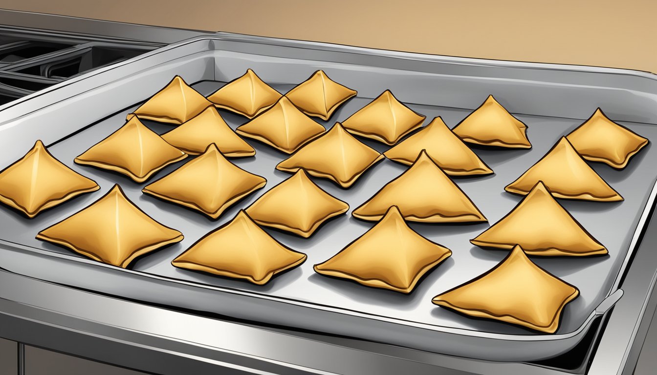 A tray of golden brown vegetable samosas baking in a preheated oven