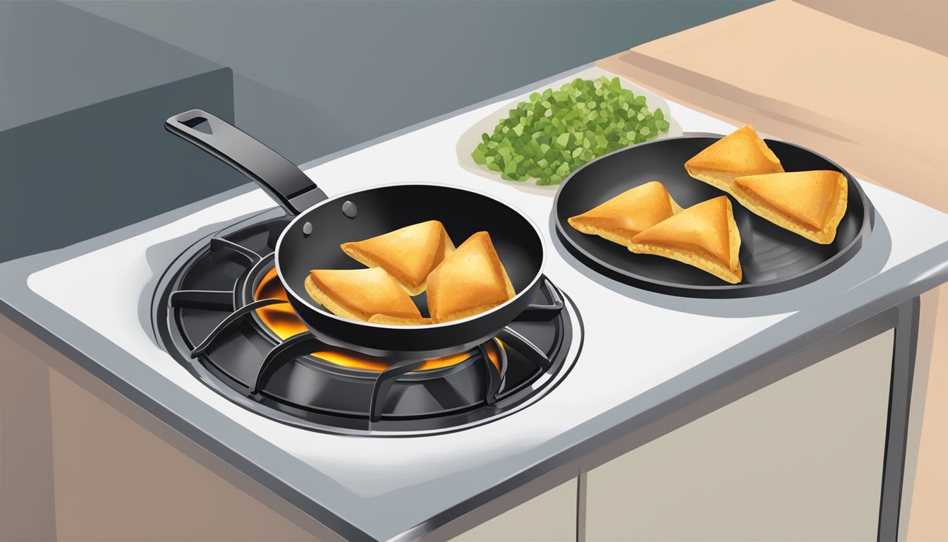 A stovetop with a frying pan containing vegetable samosas being reheated over medium heat