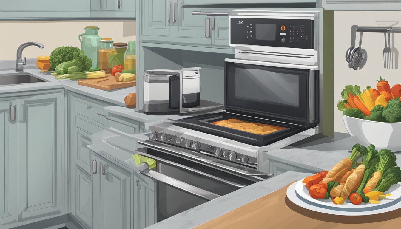 A microwave and oven sit next to a stovetop with a pot of boiling water. A toaster oven and grill are also present, surrounded by various vegetable kabobs on plates