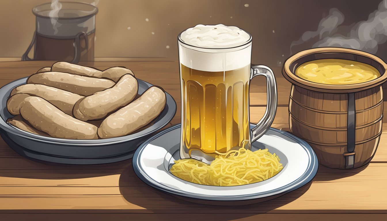 A plate of reheated weisswurst sits next to a steaming mug of beer and a side of sauerkraut and mustard