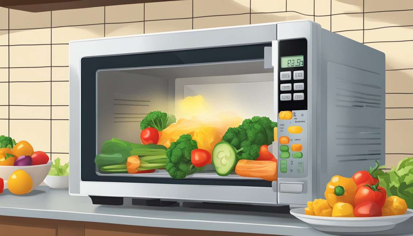 A microwave with a plate of vegetable kabobs inside, the timer counting down