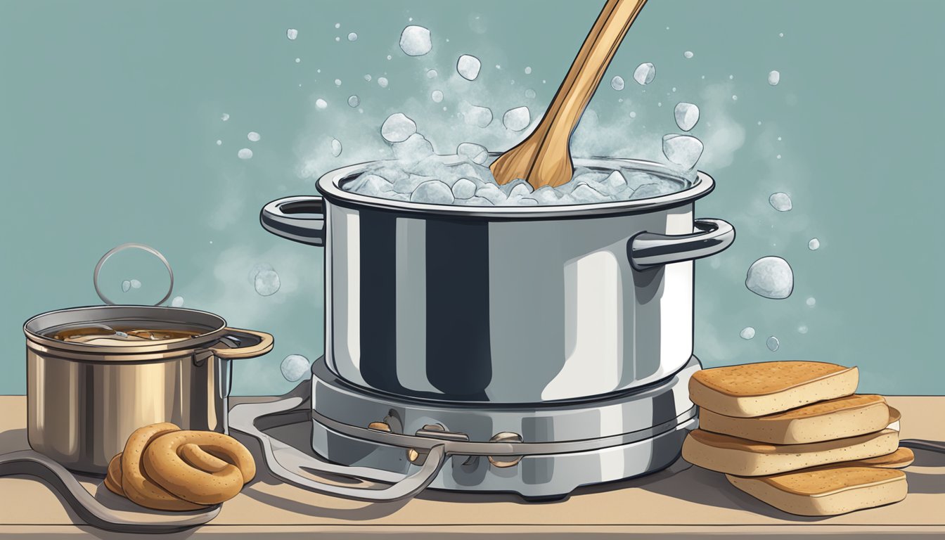 A steaming pot of water with weisswurst submerged, a pair of tongs lifting a piece out