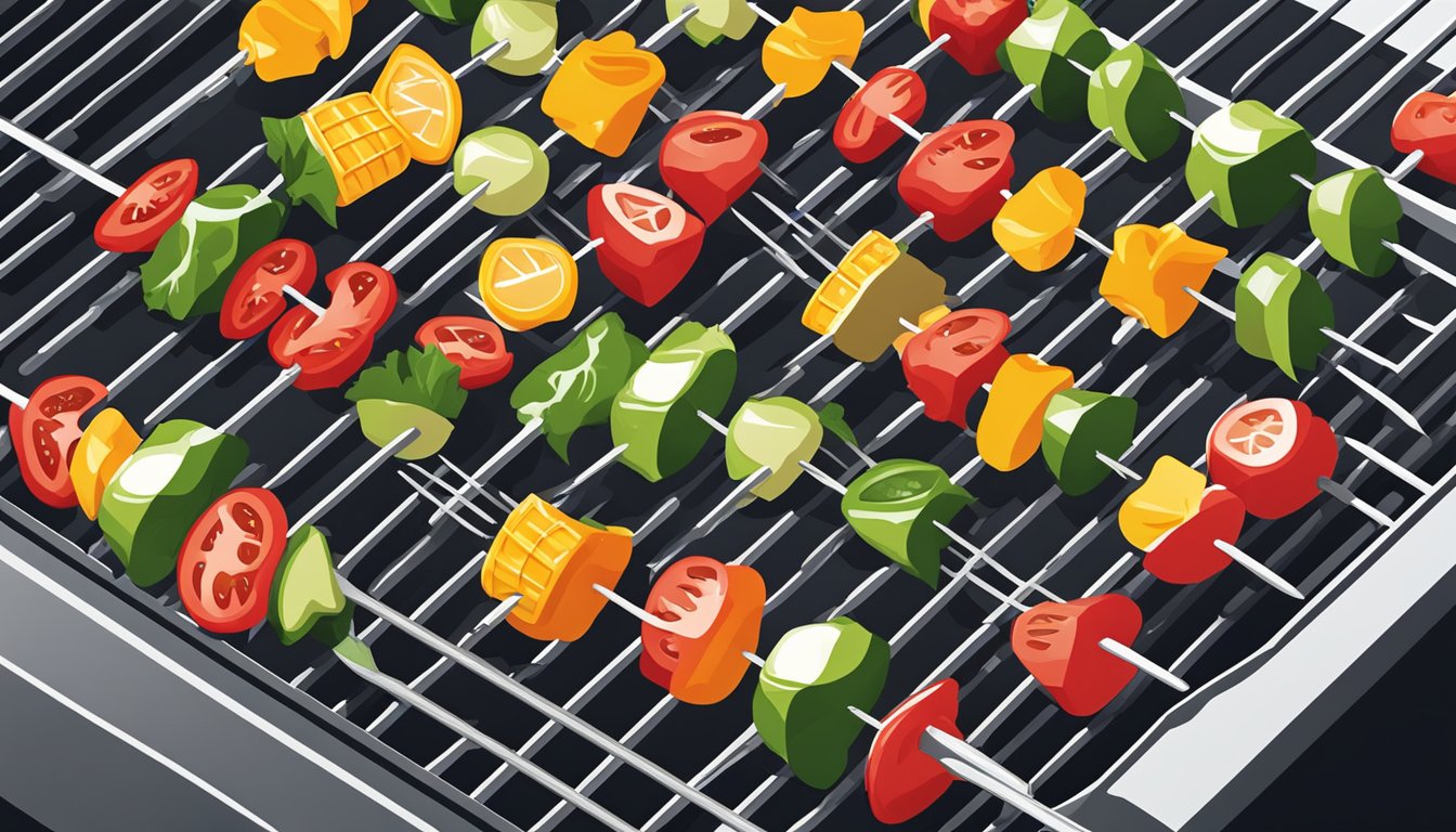 Vegetable kabobs arranged on a grill, steam rising as they are being reheated. A pair of tongs is seen flipping the kabobs