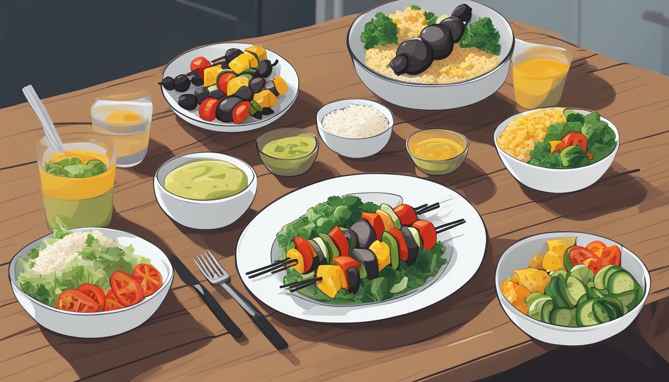 A plate of reheated vegetable kabobs with a side of suggested pairings, such as rice and a salad, arranged on a table