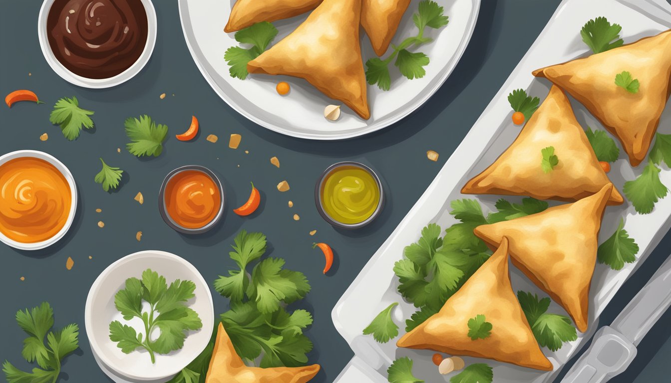 A plate of vegetable samosas being reheated in the oven, with a side of chutney and a garnish of fresh cilantro