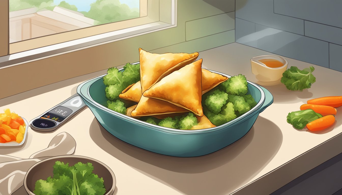 A plate of vegetable samosas being reheated in a microwave