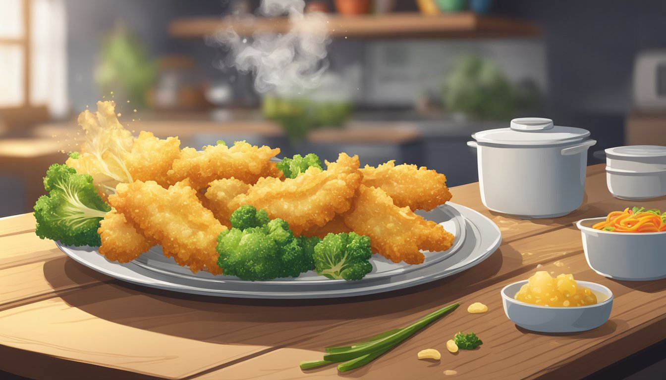 A plate of vegetable tempura sits on a wooden table, steam rising from the crispy, golden pieces. A microwave hums in the background