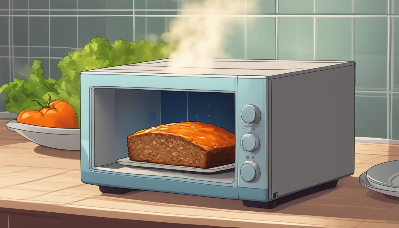 A slice of vegetarian meatloaf being reheated in a microwave on a plate, steam rising from the warm, savory dish