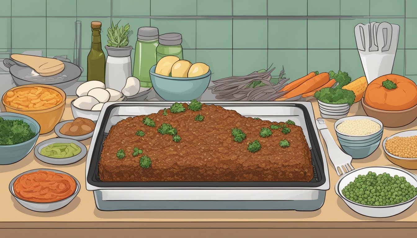 A kitchen counter with a vegetarian meatloaf on a baking sheet, surrounded by various ingredients and utensils for reheating