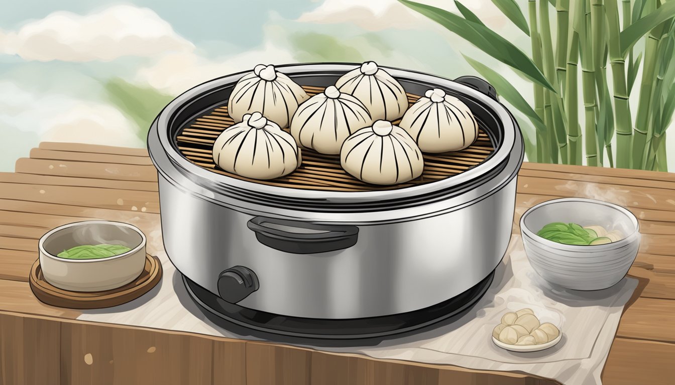 A steaming basket of xiaolong bao being reheated in a bamboo steamer over a pot of boiling water