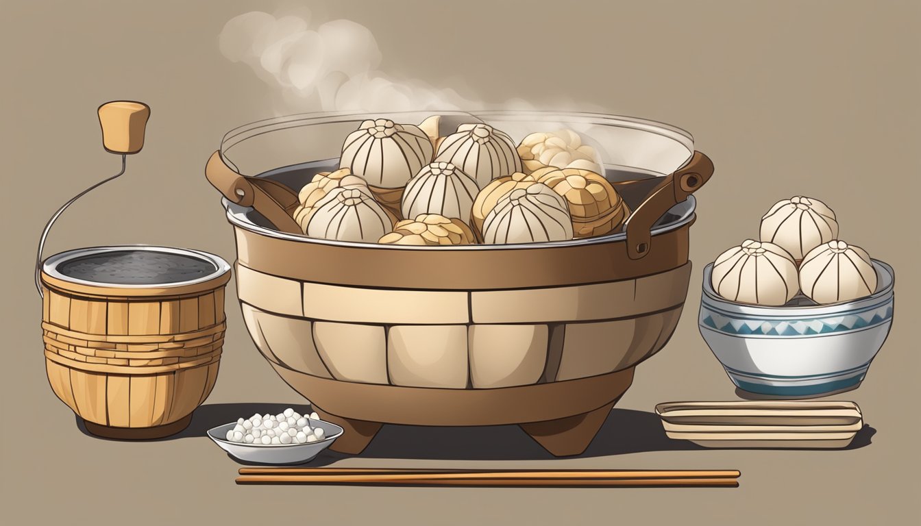 A steamer basket filled with xiaolong bao and a pot of boiling water for reheating. Soy sauce and vinegar in small dishes as accompaniments