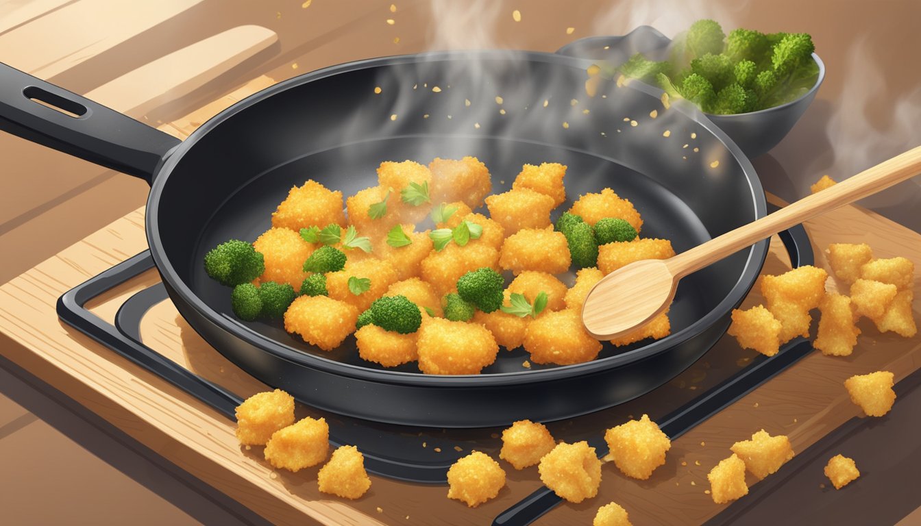 A frying pan with sizzling oil, surrounded by golden and crispy vegetable tempura pieces being gently flipped with a spatula