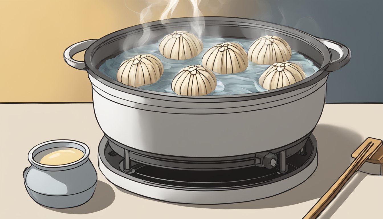 A steamer basket filled with xiaolong bao being gently reheated over a pot of boiling water