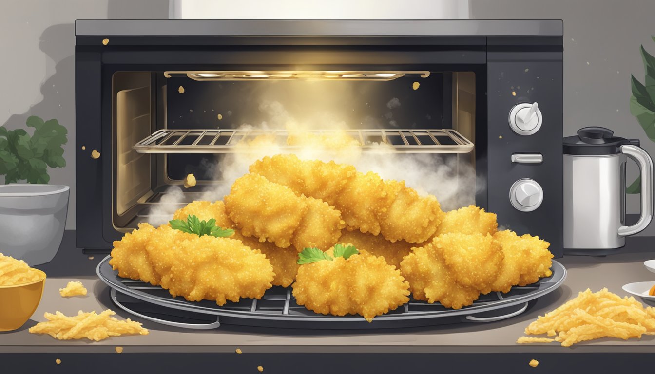 Golden vegetable tempura arranged on a plate, steam rising from the crispy pieces as they sit inside a toaster oven