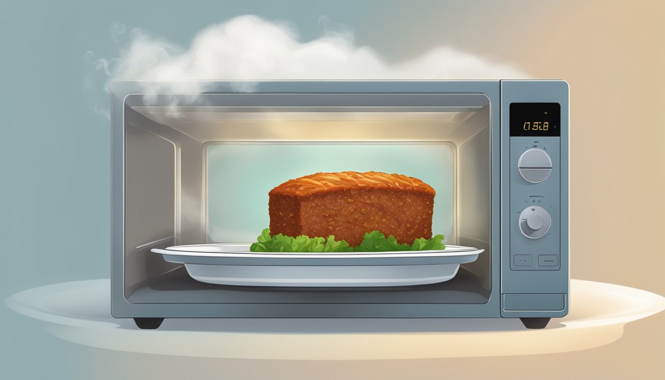 A microwave with a plate of vegetarian meatloaf inside, a fork resting on the side, and steam rising from the food