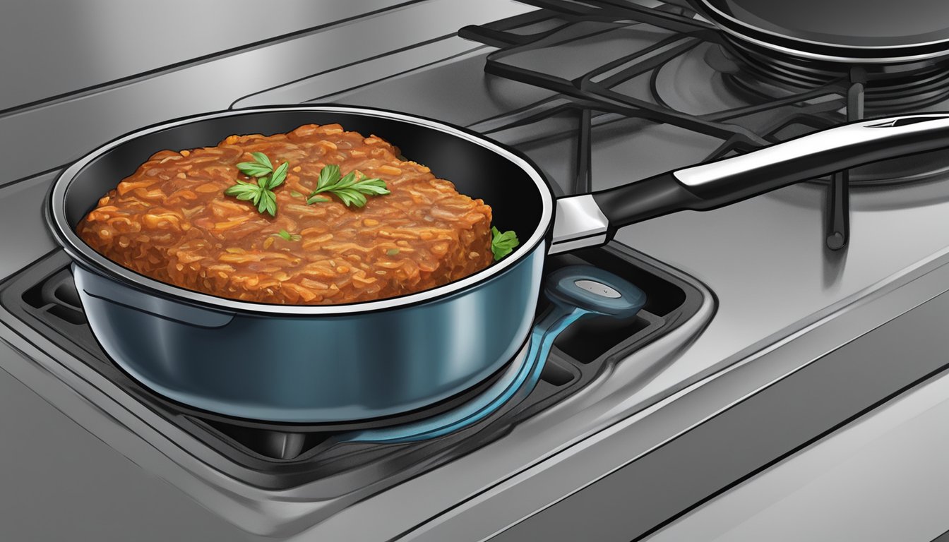 A vegetarian meatloaf being reheated on a stovetop in a nonstick skillet over low heat, with a lid covering the skillet