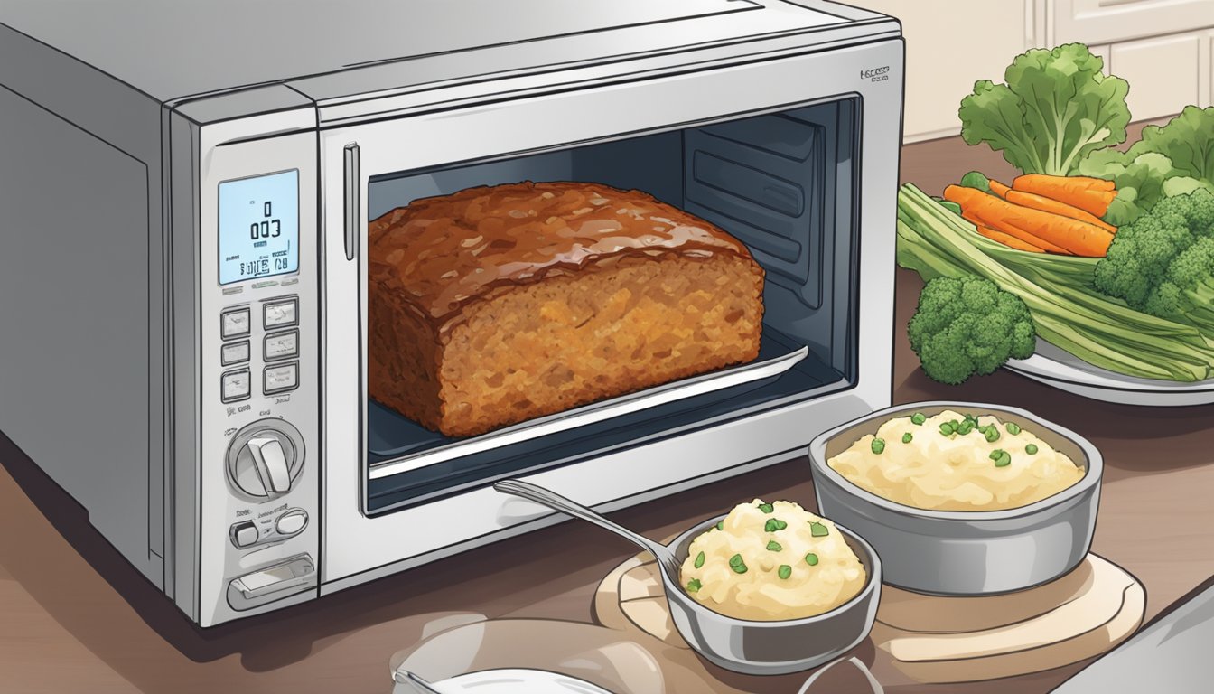 A person reheating vegetarian meatloaf in the microwave, placing a slice on a plate with a side of steamed vegetables and a dollop of mashed potatoes