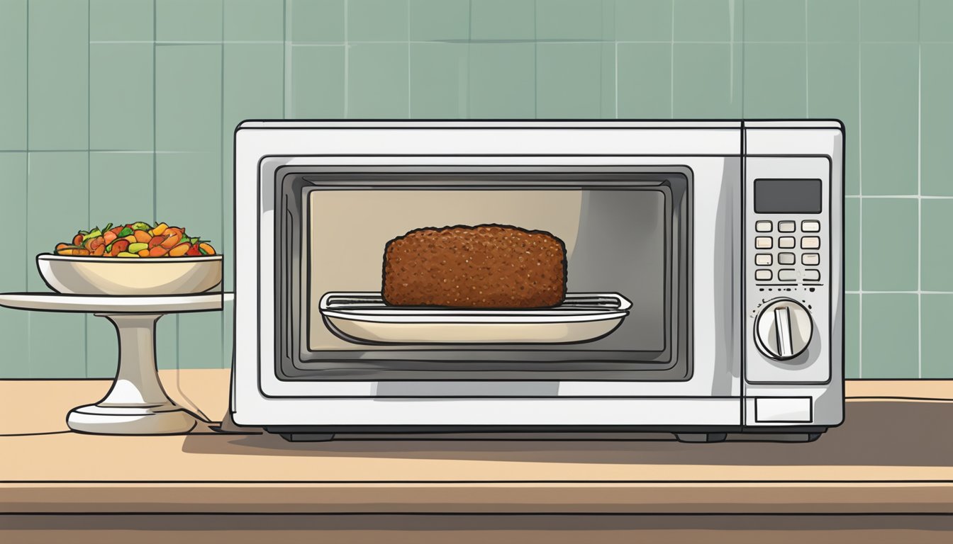 A microwave with a plate of vegetarian meatloaf covered in a microwave-safe lid, a fork, and a timer set for reheating