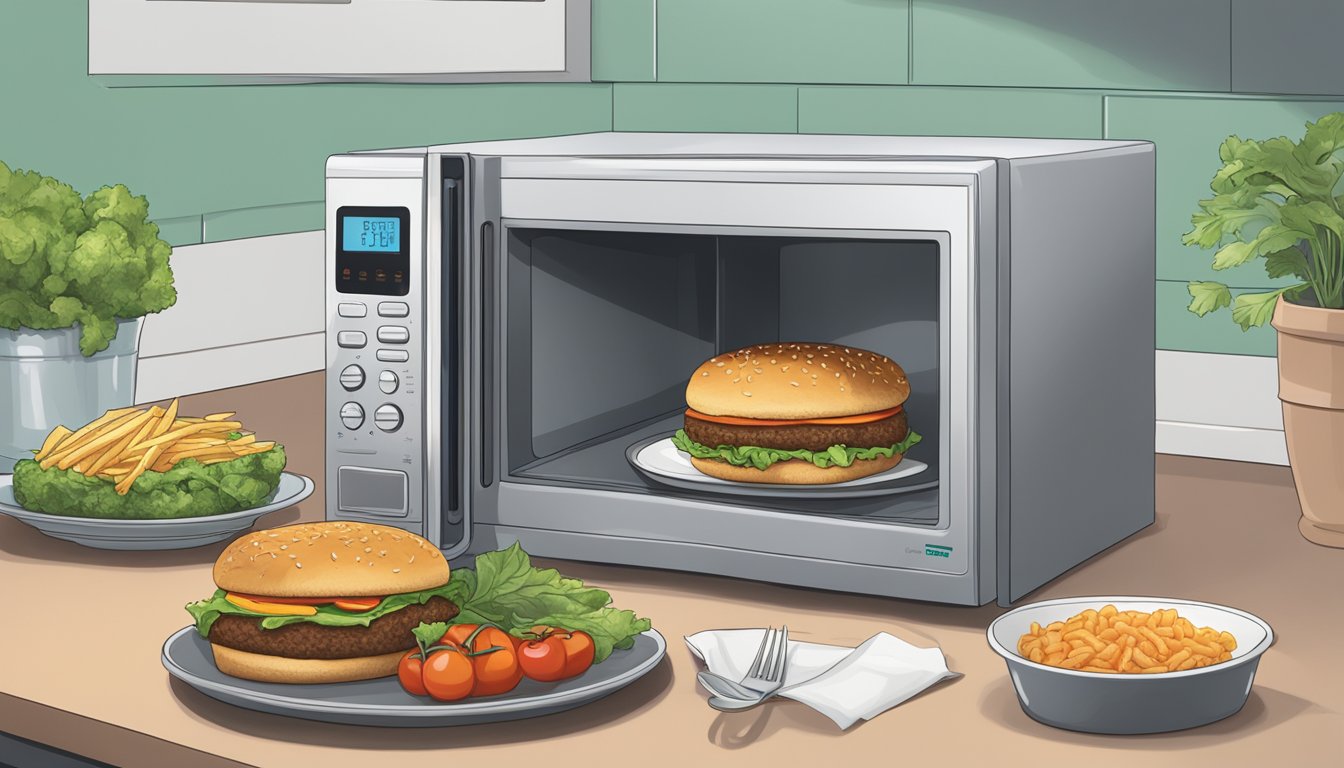 A veggie burger sits on a plate next to a microwave, with a hand opening the microwave door