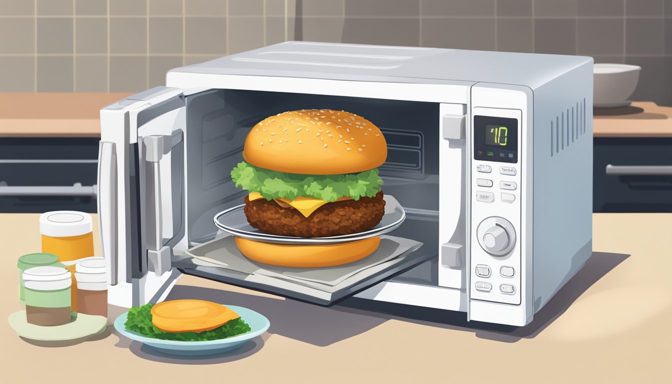 A microwave with a veggie burger on a plate, a paper towel covering it, and a timer set for reheating