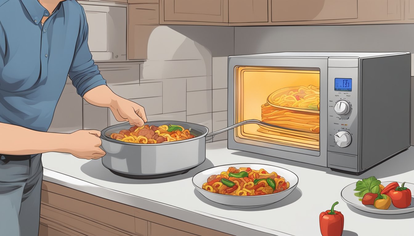 A person using a microwave to reheat a dish of ziti with sausage and peppers, with a timer set and a steamy plate