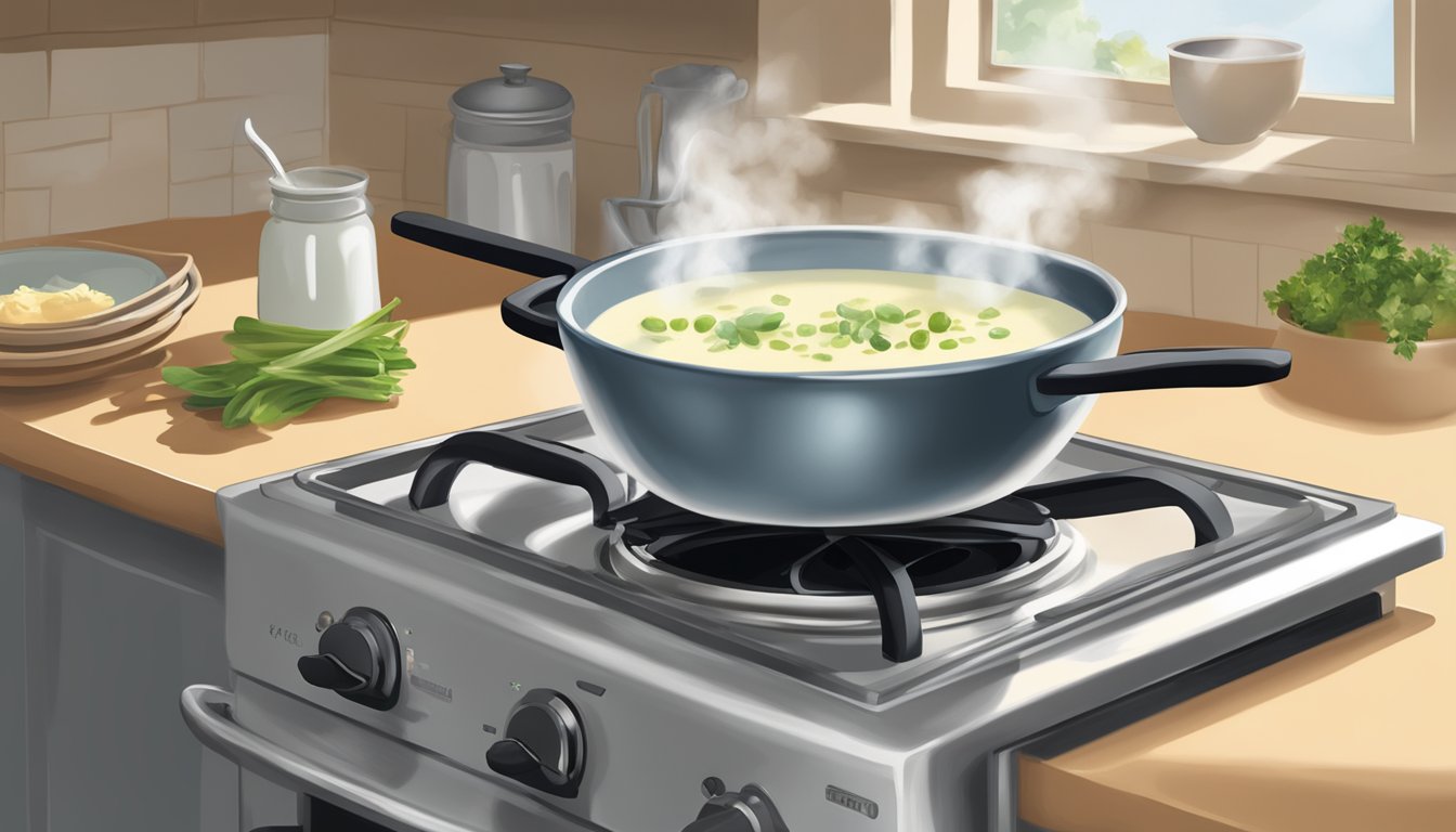 A steaming bowl of vichyssoise being gently reheated on a stovetop