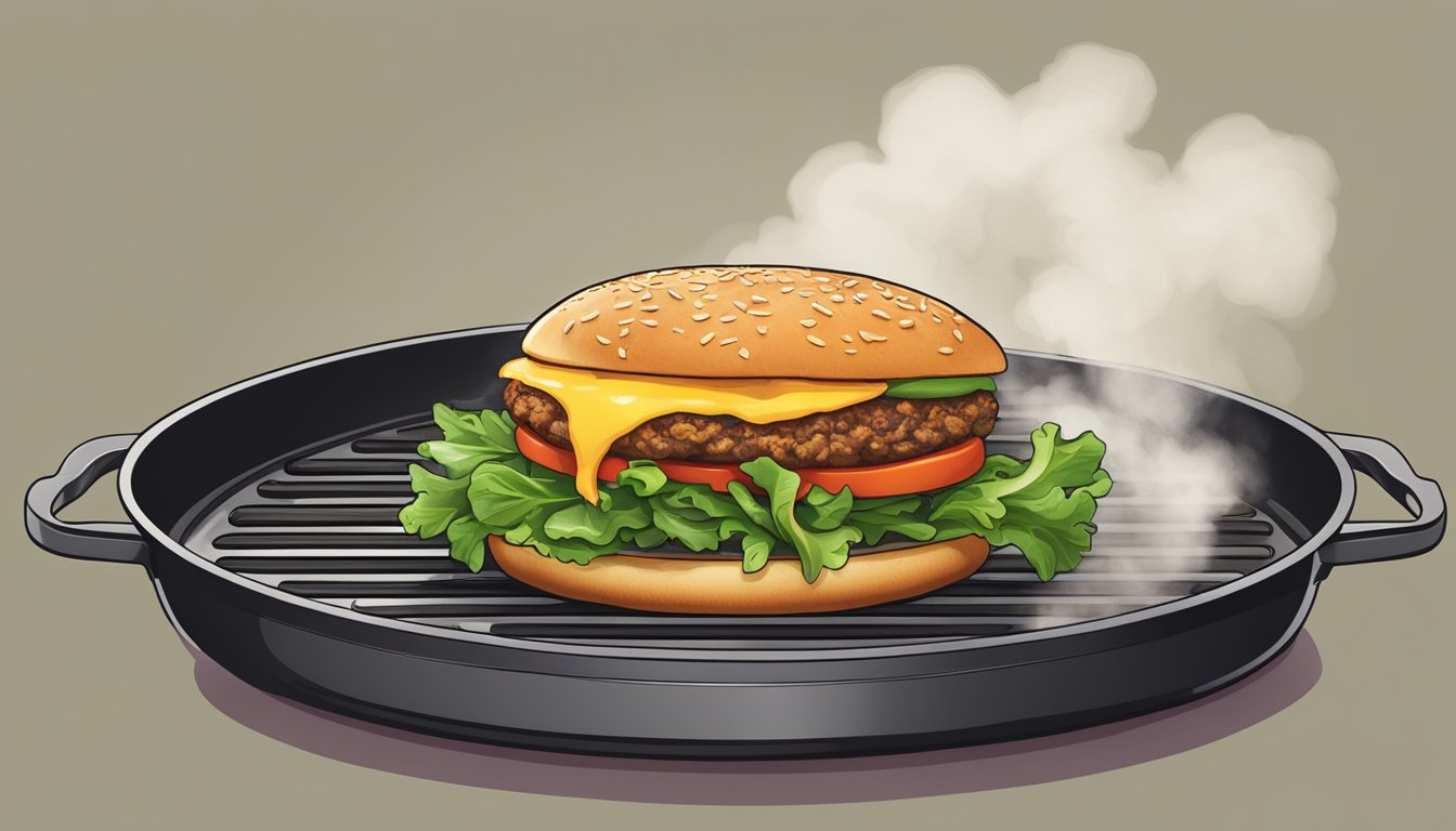 A veggie burger sizzling on a stovetop skillet, steam rising as it heats through