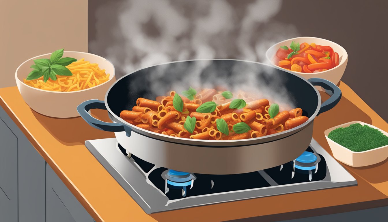 Steam rising from a bubbling pot of ziti, sausage, and peppers on a stovetop. A sprinkle of fresh herbs being added for extra flavor