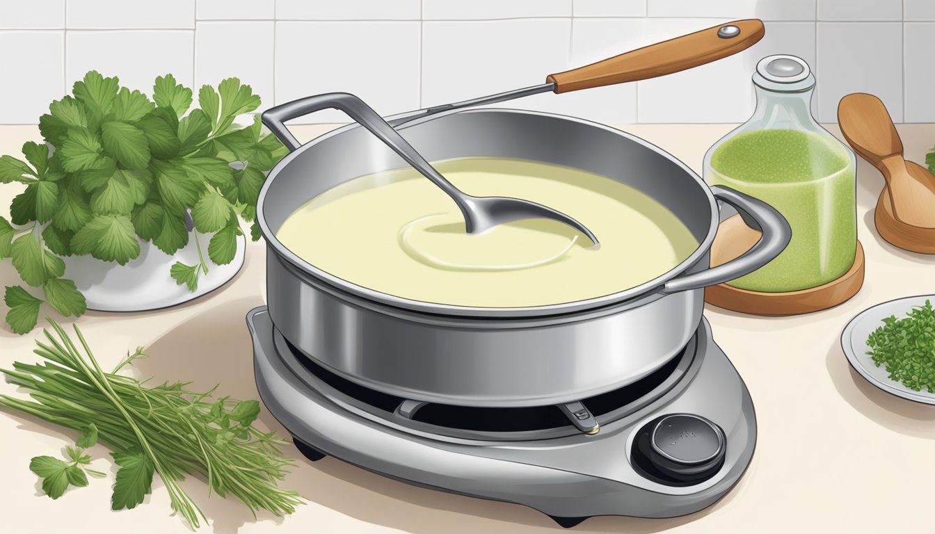 A pot of vichyssoise being gently reheated on a stovetop, with a ladle resting on the edge and a sprig of fresh herbs nearby