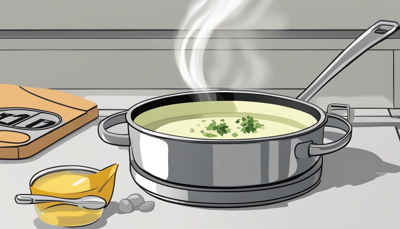 A pot of vichyssoise being gently reheated on a stovetop, with a ladle and a bowl nearby